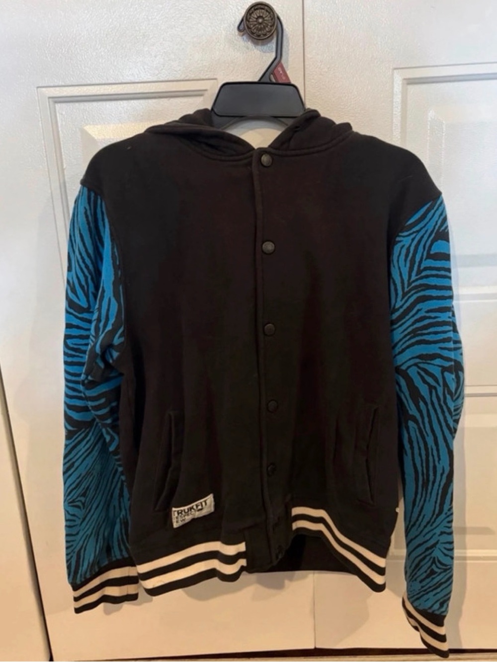 Trukfit Black Hoodie with Blue Zebra-Print Sleeves